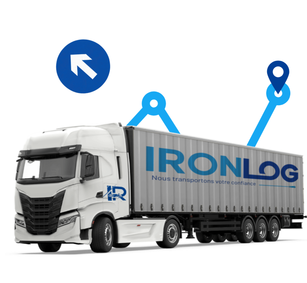 Remorque Ironlog – Transport Rapide & Suivi en Temps Réel Remorque de transport Ironlog illustrant la rapidité de livraison, le suivi de localisation en temps réel et l’optimisation des trajets pour le transport national et international au Maroc.